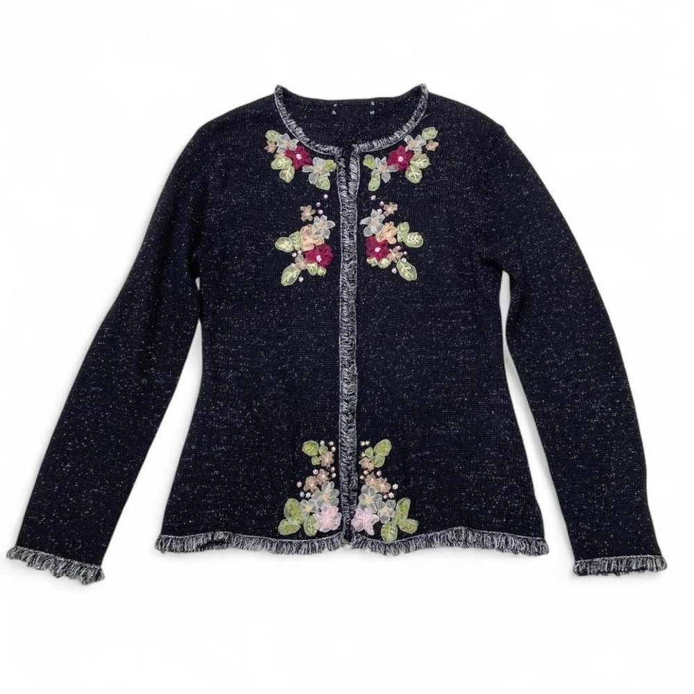Vintage metallic sparkle embroidered knit cardigan with flowers holiday party